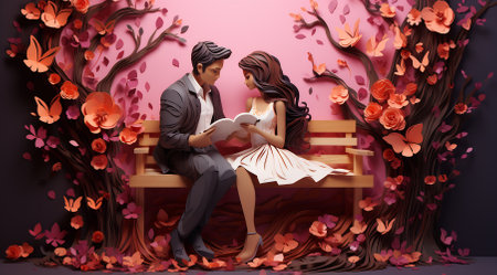 A couple shares a close, private moment on a bench under the autumnal canopy.の素材