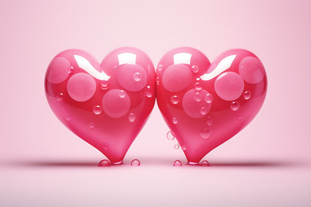 Two glossy heart-shaped balloons joined together on a pink background.の素材