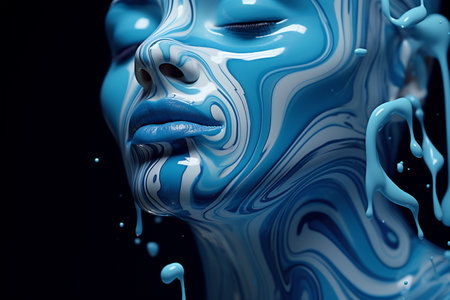 Close-up of a serene woman's face with blue , her features blending seamlessly with abstract blue wavesの素材