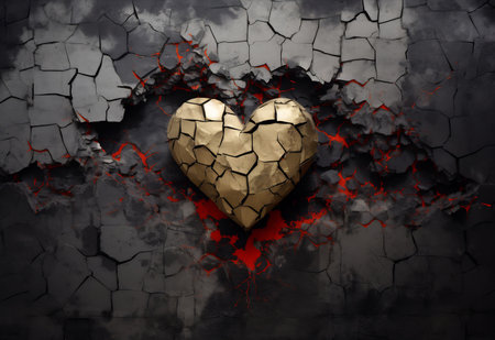 Gold heart cracking through a crumbling wallの素材