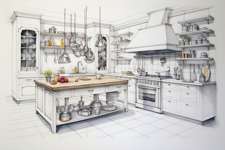 Artistic rendering of a gourmet white kitchen with hanging potsの素材