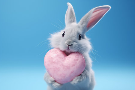 Animated bunny with big eyes holding a red heartの素材