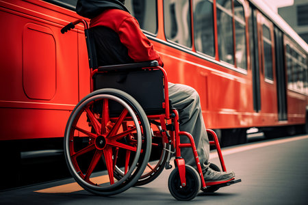 Confident person in a wheelchair waiting for the public transport at a transport station.の素材