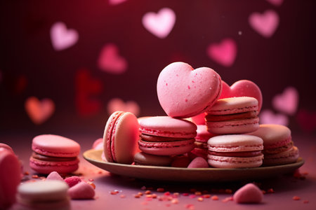 Plate of pink macarons and heart sprinkles. Valentine's Day sweets. Pink macaroons heart shaped.の素材