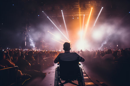 Silhouette of a person in a wheelchair enjoying a live music concert, highlighting accessibility in entertainment venues.の素材