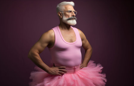 Bearded man posing confidently in a pink tutuの素材