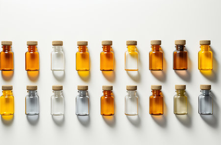 Row of glass bottles with varying tones of yellow liquid, sealed with corksの素材