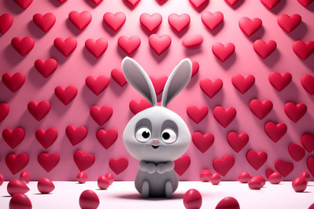Delighted bunny amidst a sea of pink heartsの素材