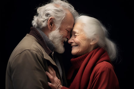Elderly man and woman smiling, hugging, and looking at each other with affection.の素材