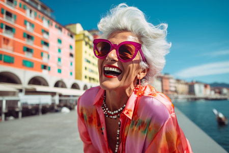 Joyful senior lady with white hair and pink sunglasses by colorful waterfrontの素材