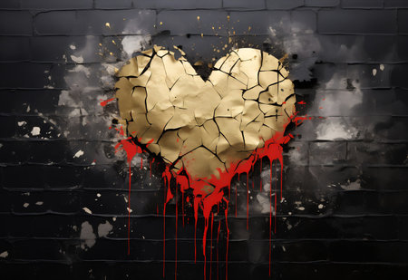 Glossy red heart visible through a cracked wallの素材