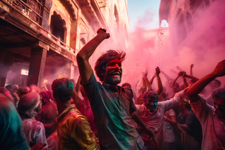 People with vibrant Holi colors, exuding joy.の素材