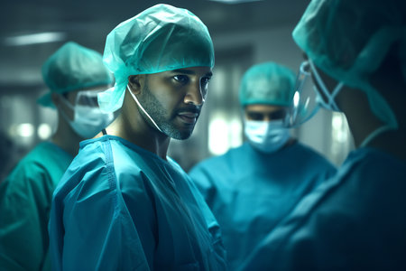 Surgeon in blue scrubs and mask with intent gaze.の素材
