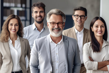 Group portrait of a smiling business team in a modern office.