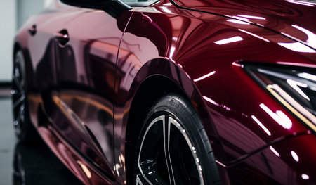 Sleek concept vehicle with dynamic red streams, showcasing modern automotive design and aerodynamicsの素材