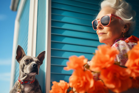 A stylish elderly lady with sunglasses and a floral scarf gazes serenely alongside a fluffy dog among vibrant orange flowers.の素材