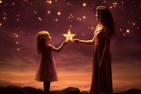 A woman and a young girl in matching dresses holding star lights.の素材