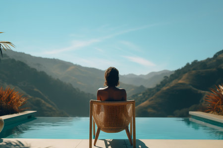 Woman sitting poolside in swimwear, embracing the expansive ocean viewの素材