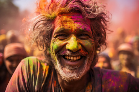 Man enjoying Holi festivities. Colorful backgroundの素材