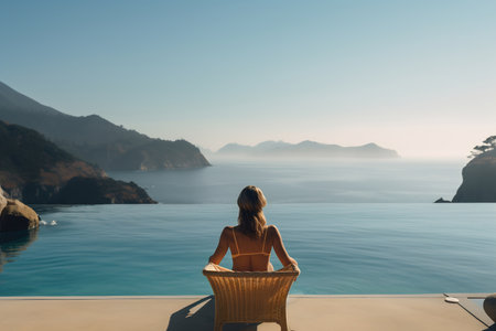Woman enjoying a serene moment by an infinity pool with a vast ocean viewの素材