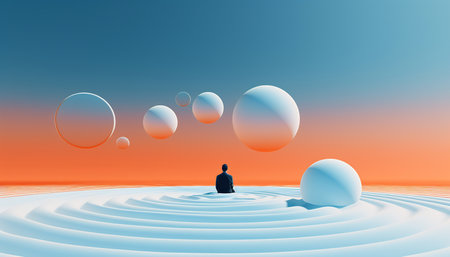 Individual in meditation amidst clouds and orbs at sunset.の素材