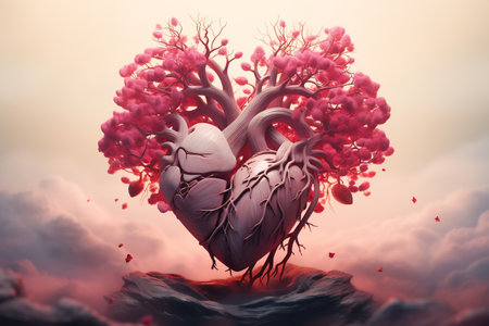3D heart enveloped by crimson trees, symbolizing vitality and passionの素材