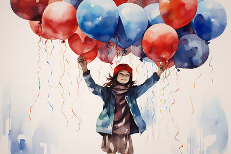 Vivacious watercolor painting of a red-haired child gleefully clutching colorful balloons against a sky backdrop.の素材