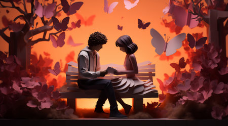 Digital painting of a couple in a tender embrace on a bench under autumn treesの素材