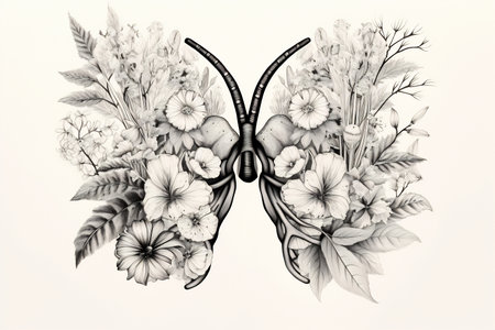 Exquisite black and white illustration of lungs embraced by a lush floral arrangement, symbolizing life and breathの素材