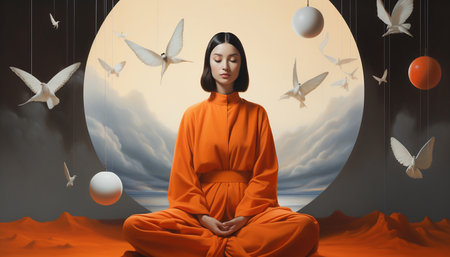 Person in meditation with butterflies and orbs at sunset.の素材