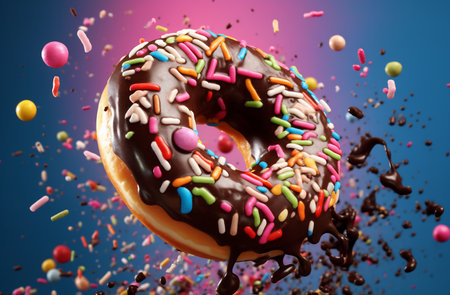 A vibrant donut with pink icing floats in mid-air amidst a dynamic burst of colorful sprinklesの素材