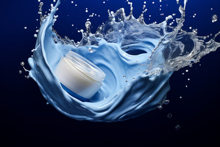 Elegance in hydration, a skincare cream jar surrounded by a refreshing splash of blue water.の素材