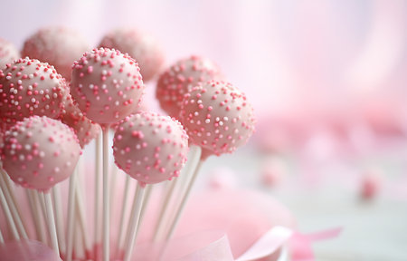 Sweet pink cake pops with sprinkles, displayed against a soft, dreamy background.の素材