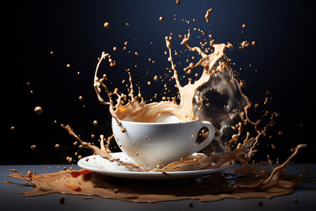 Energetic coffee splashing from a white cup on dark backdropの素材