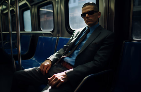 Man in casual clothes sitting on subway, lost in thoughtの素材