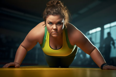 Focused plus-size woman in a push-up position showcasing strength and determination at the gymの素材