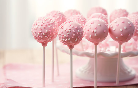 Sweet pink cake pops with sprinkles, displayed against a soft, dreamy background.の素材