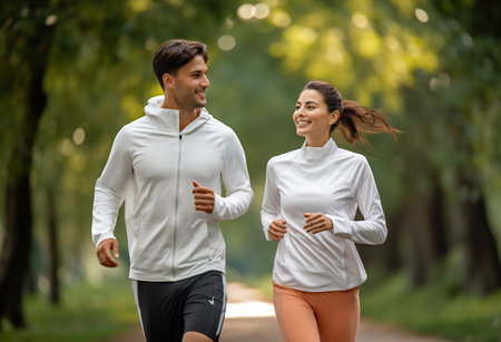 Smiling man and woman in sportswear jogging outdoors.の素材