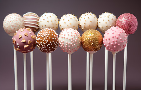 A collection of cake pops with white and pink sprinkles presented against a pastel background.の素材