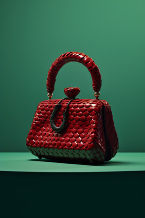 Ornamental red woven bag against a contrasting green and red backgroundの素材