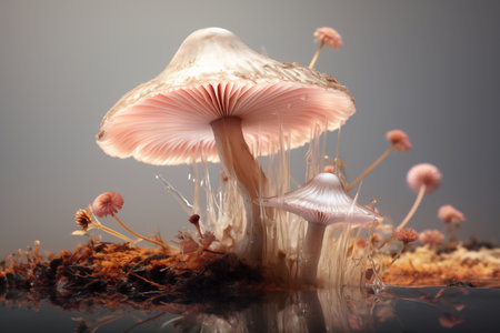 A delicate mushroom amidst soft pink flowers in a dreamy macro shot.の素材