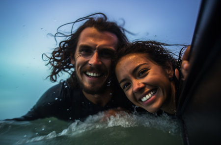 A happy young couple shares a selfie while surfing, beaming with joy amidst ocean sprays.の素材