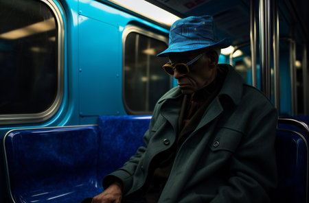An man in a tan jacket sits contemplatively on the subwayの素材