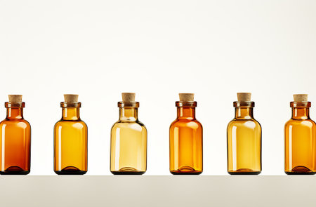 Row of glass bottles with varying tones of yellow liquid, sealed with corksの素材
