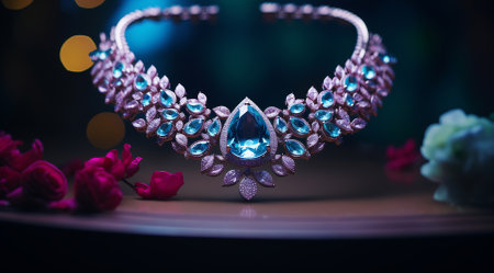 A luxurious necklace with a large central gemstone and surrounding jewels on display.の素材