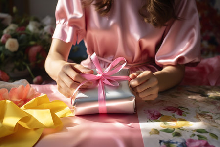 Close-up of hands tying a ribbon on a pink gift box, surrounded by decorative roses.の素材