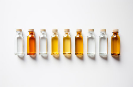 Row of glass bottles with varying tones of yellow liquid, sealed with corksの素材