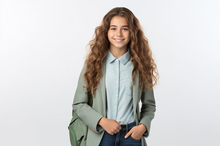 Happy young woman with, wearing casual clothes and carrying a backpack, against a white background.の素材