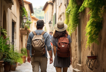 Couple walking hand-in-hand in a narrow alley.の素材