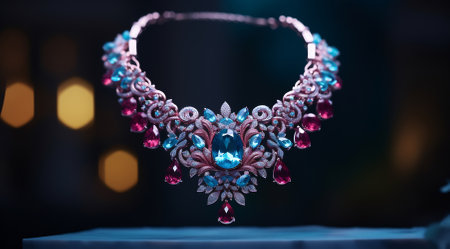A luxurious necklace with a large central gemstone and surrounding jewels on display.の素材